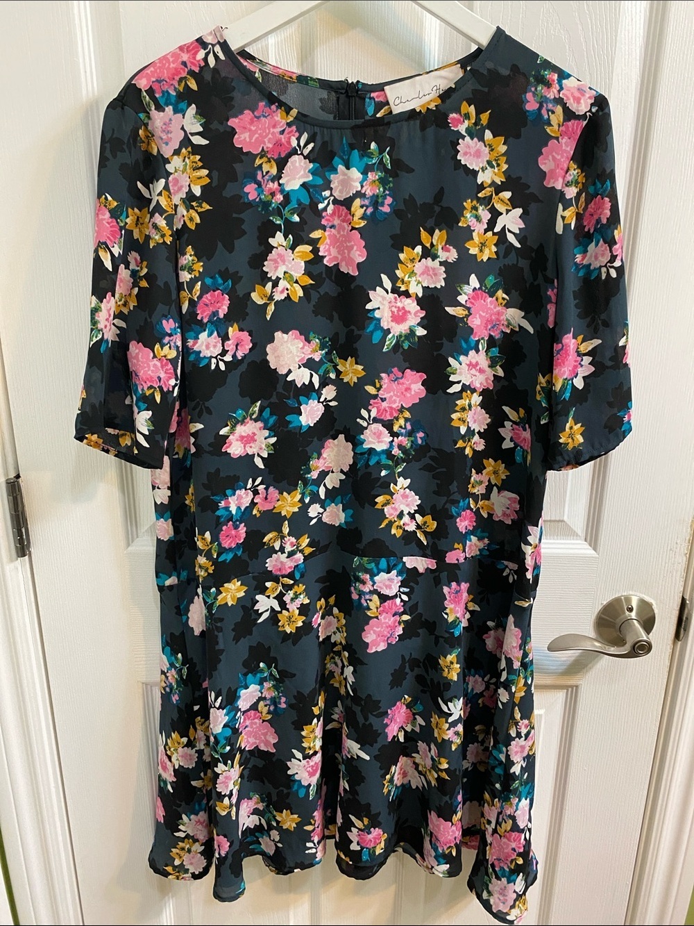 CHARLES HENRY Floral Drop Waist Midi Dress Pink Black Short Sleeve Size XL